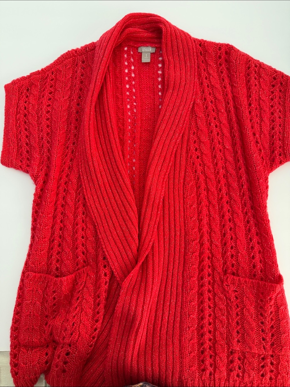 Chico's Open-Front Red Knit Short-Sleeve Cardigan